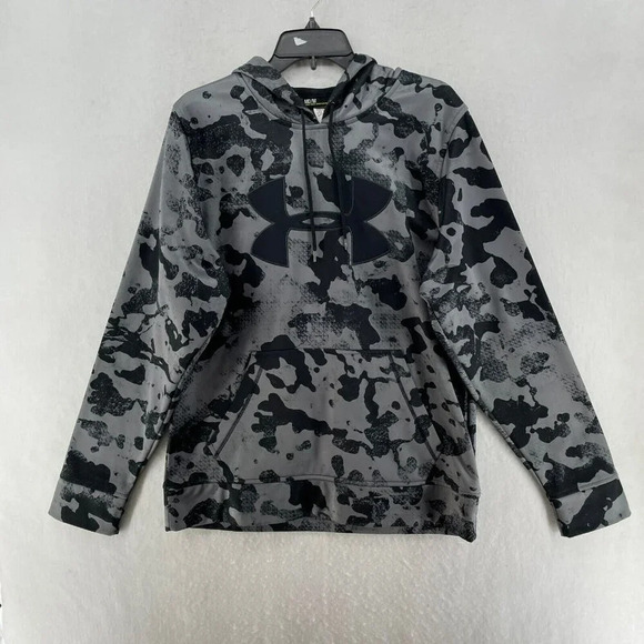 Under Armour Hoodie Mens M Black Gray Camo Big Logo Pullover Drawstring Coldgear - Picture 1 of 10